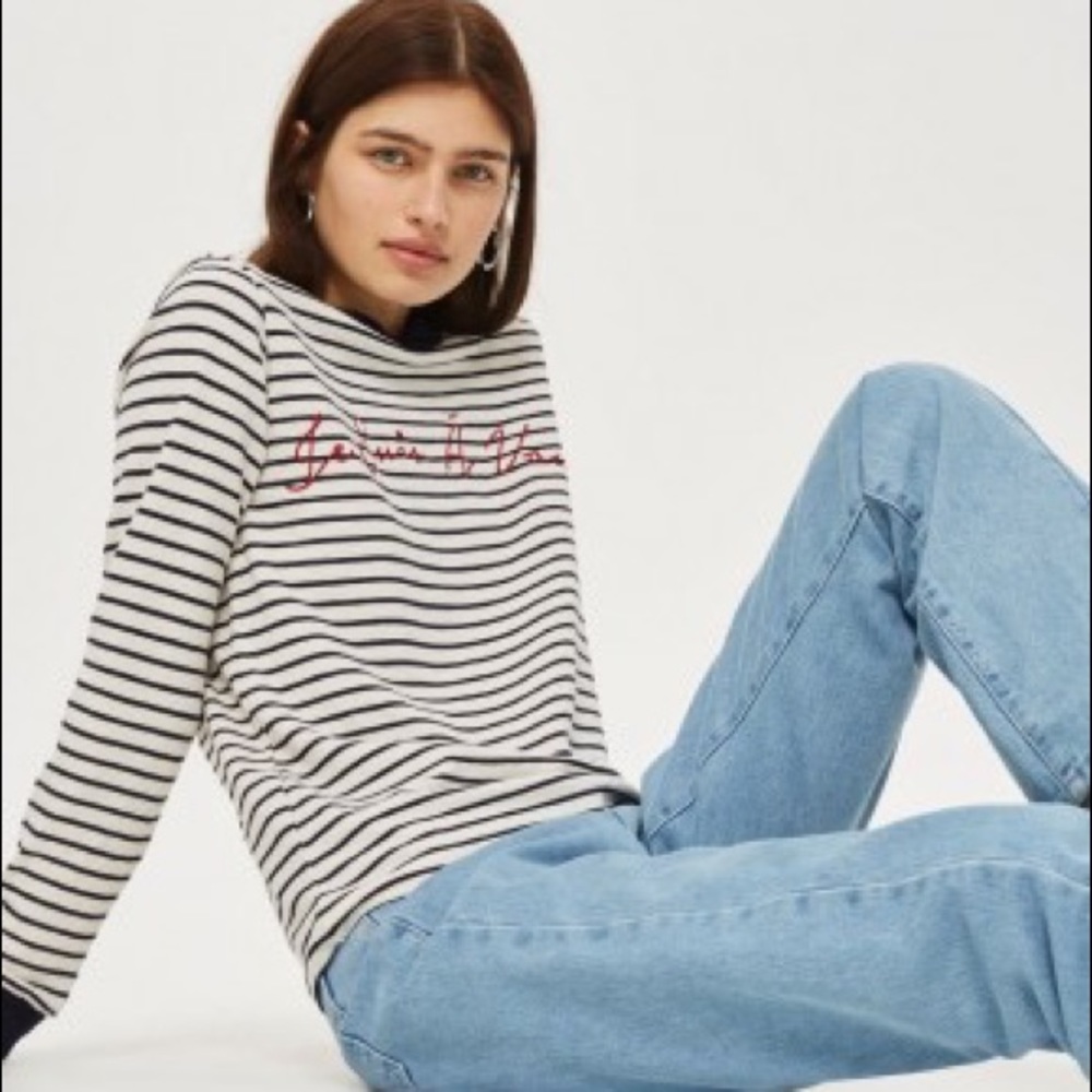 Topshop Black & White Striped Long Sleeve Tee with Red Script